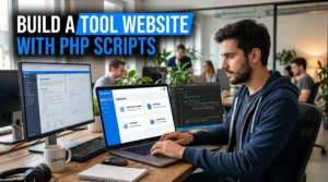 Developer building a tool website using PHP scripts on a computer dashboard.