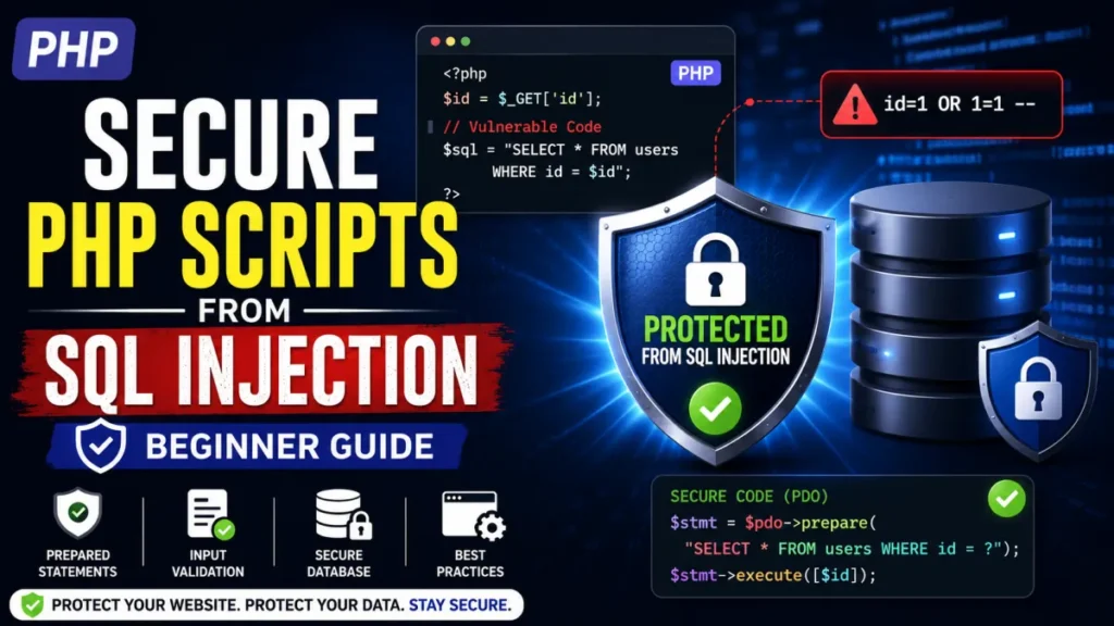 Secure PHP scripts from SQL Injection using prepared statements and database security best practices for web applications.