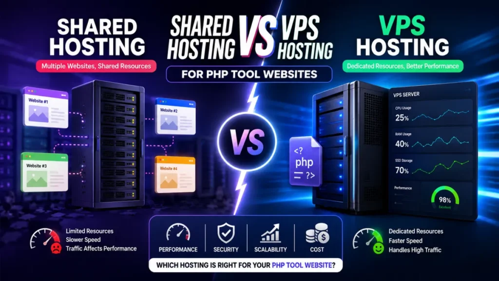 Shared Hosting vs VPS comparison for PHP tool websites showing performance, scalability, and server resources